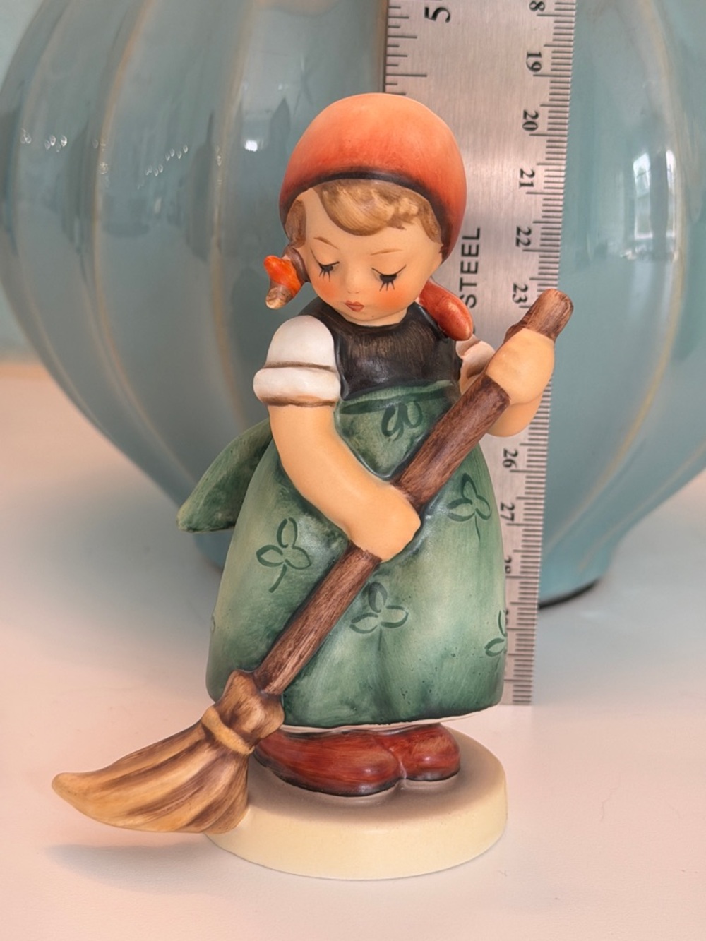 Hummel Green Dress Girl Figurine with Red Hat and Brown Broom